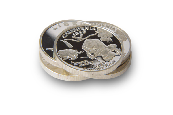 California Quarter : single stack of silver proofs showing people's design "A Golden Moment" on top.